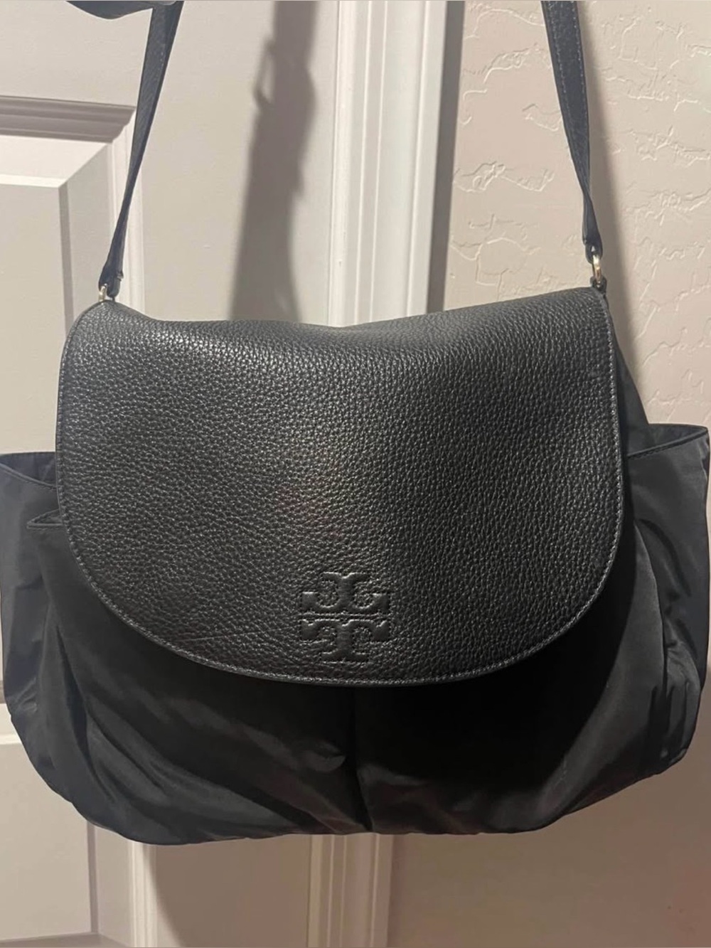 Tory Burch Black Pebbled Leather Flap Diaper or Crossbody Bag